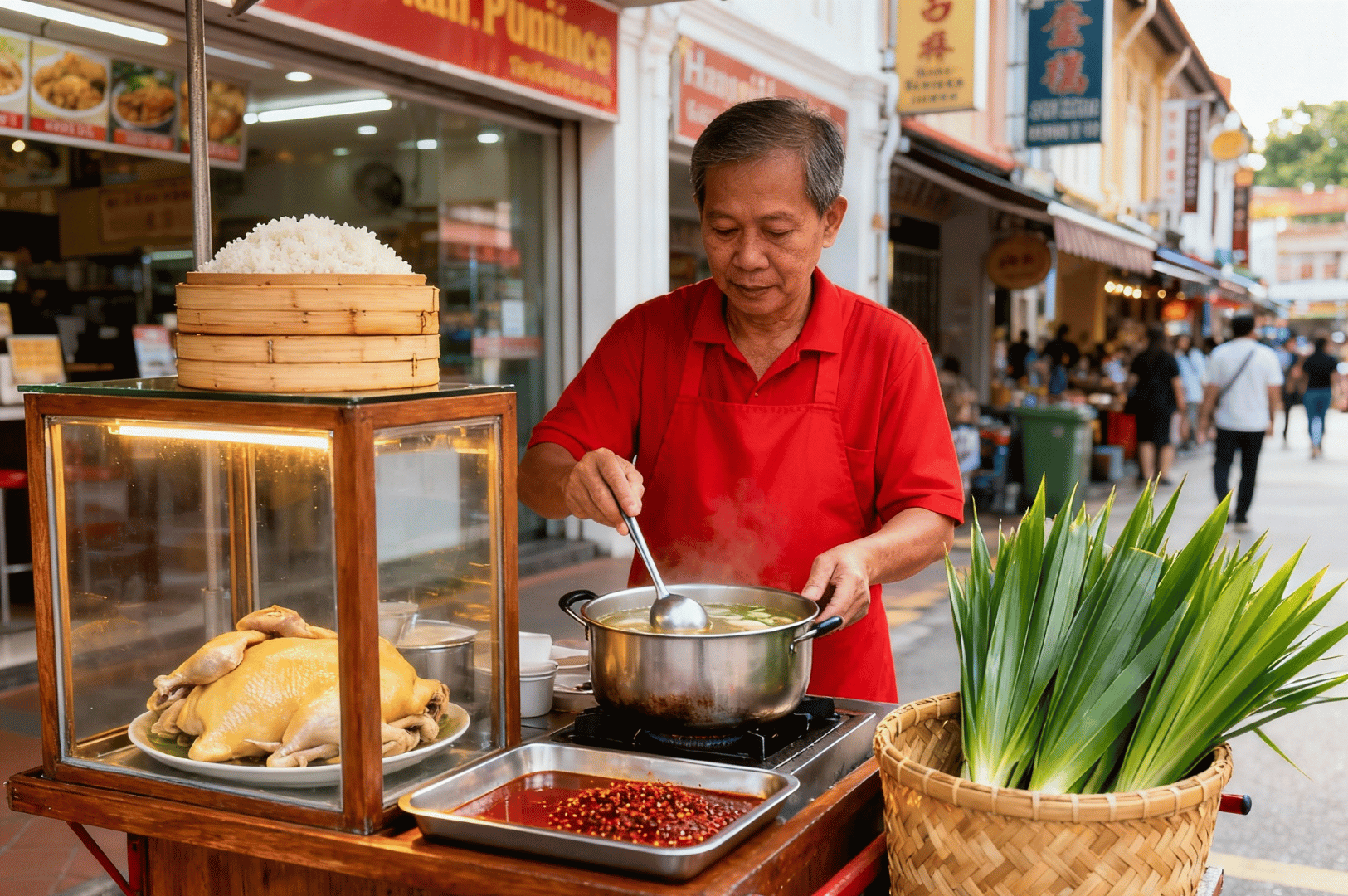 Hainanese-Chicken- (2) Street food vendor in a red shirt stirring a steaming pot beside a glass case of whole poached chickens, bamboo steamer of rice, and vibrant chili peppers—an intimate portrait of Southeast Asian culinary ritual unfolding in a bustling urban backdrop.