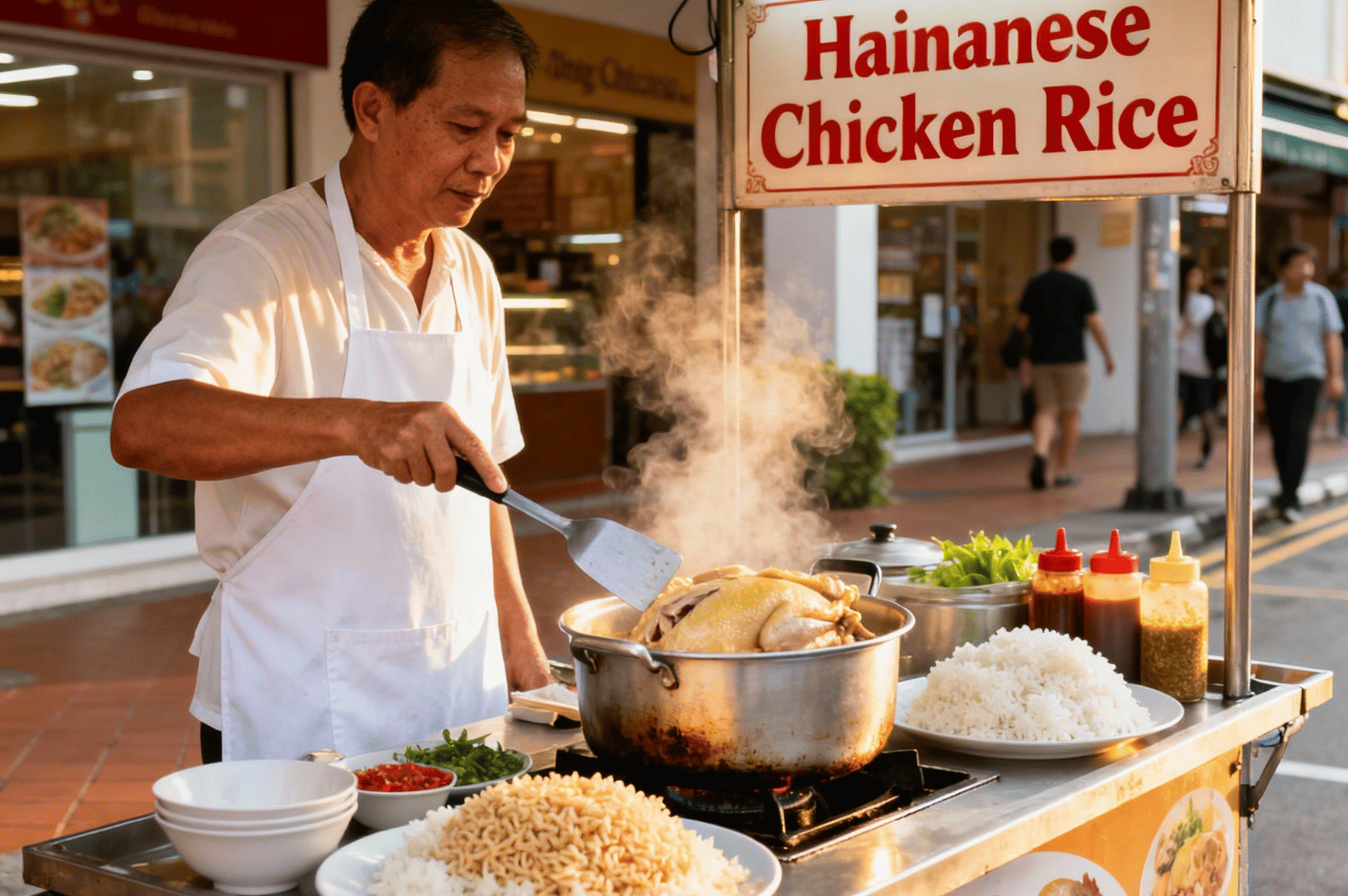 Hainanese-Chicken- (3) Steam rises as a street vendor in a white shirt handles a whole chicken over a bubbling metal pot, framed by bold red signage and a counter lined with rice plates, soup bowls, and squeeze bottles—an evocative snapshot of Hainanese Chicken Rice in its raw, urban choreography.