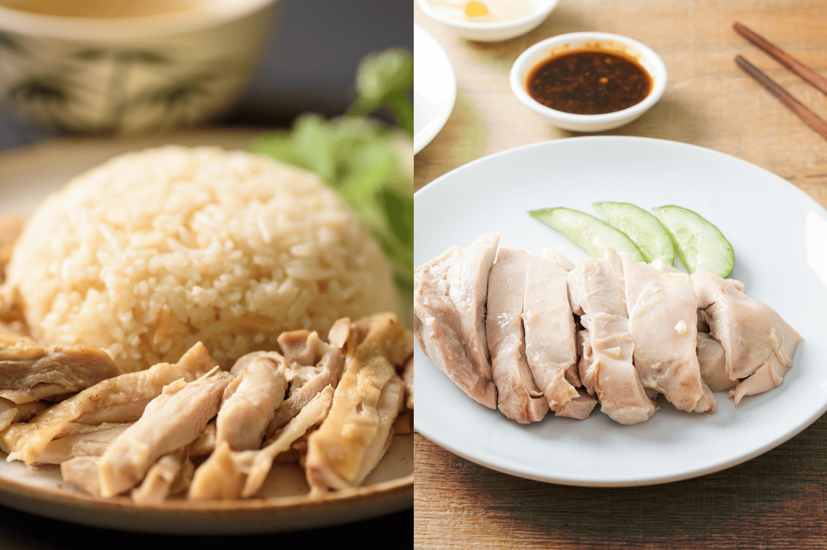 Hainanese-Chicken- (7) Side-by-side plates of Hainanese Chicken Rice—one with lightly browned chicken and herb-garnished rice, the other with pale poached slices and cucumber—capturing the quiet dialects of technique and taste in Southeast Asia’s most iconic comfort dish.