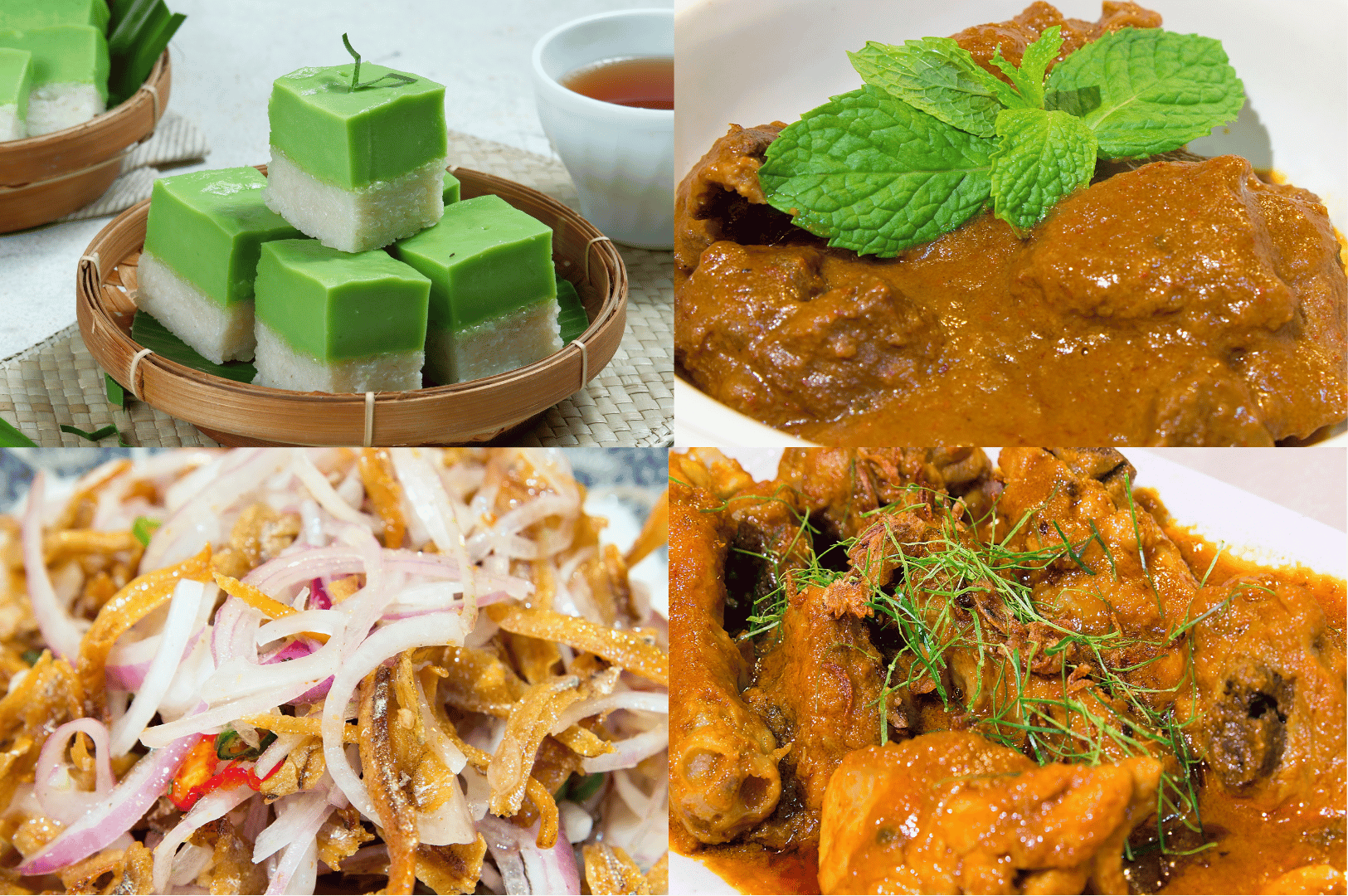 Chinese-Malay-Fusion- (3) Collage of four vibrant Chinese-Malay fusion dishes: top left shows kuih seri muka, its pandan custard and glutinous rice layers echoing Peranakan precision; top right features a rich, mint-garnished curry, evoking Nyonya depth; bottom left presents sambal ikan bilis with crisp onions and anchovies, a nod to street-side boldness; bottom right reveals ayam masak merah, its fiery hue and delicate herbs embodying the tension and harmony of Singapore’s forbidden culinary union.