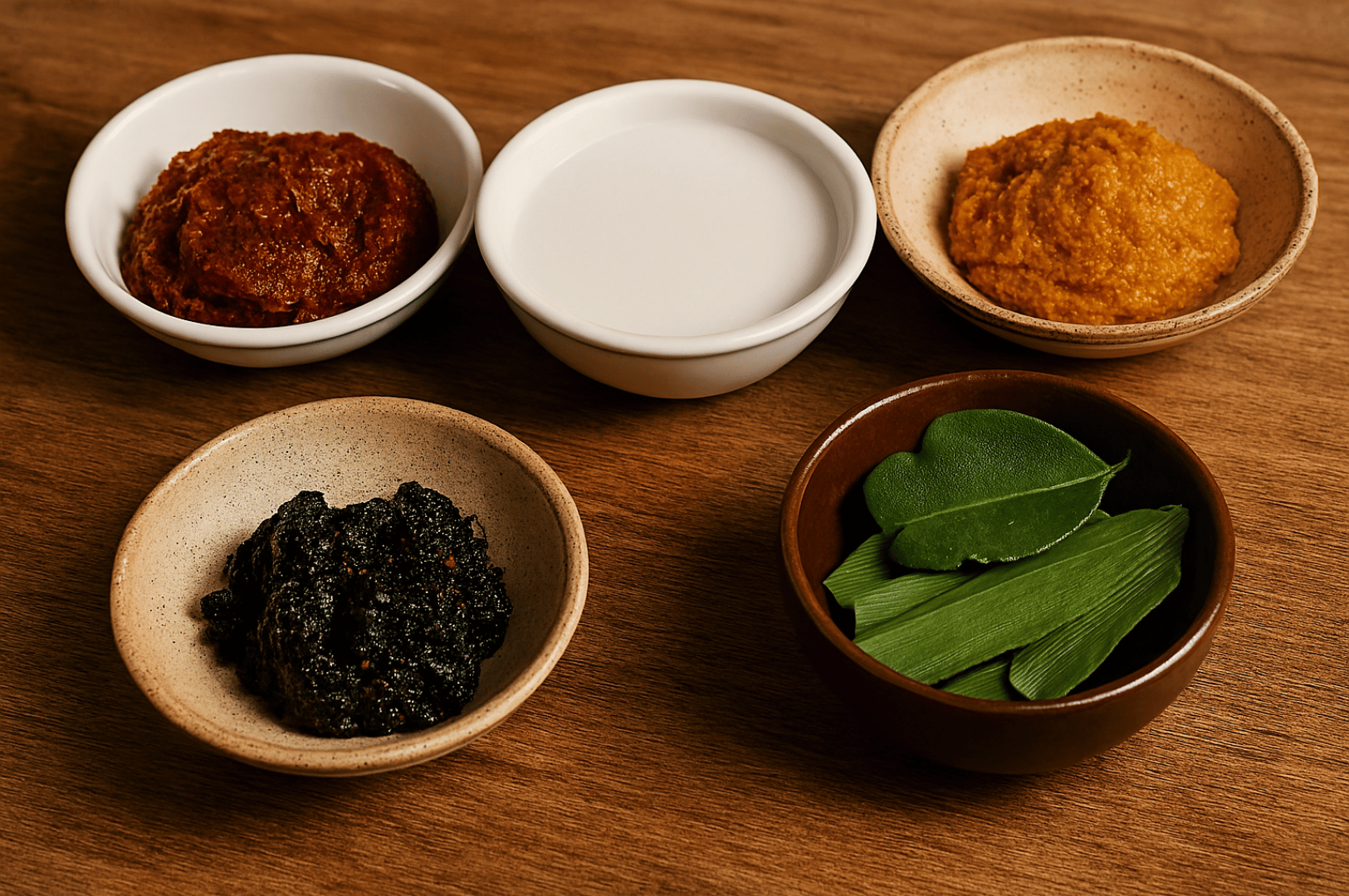 Chinese-Malay-Fusion- (4) Five ceramic bowls on a rustic wooden surface, each holding a cornerstone of Chinese-Malay fusion: fiery red sambal paste, silky coconut milk, rempah, wok hei, and fragrant kaffir lime and pandan leaves—an intimate portrait of the flavor alchemy behind Singapore’s forbidden culinary union, where Peranakan precision meets Nyonya soul.