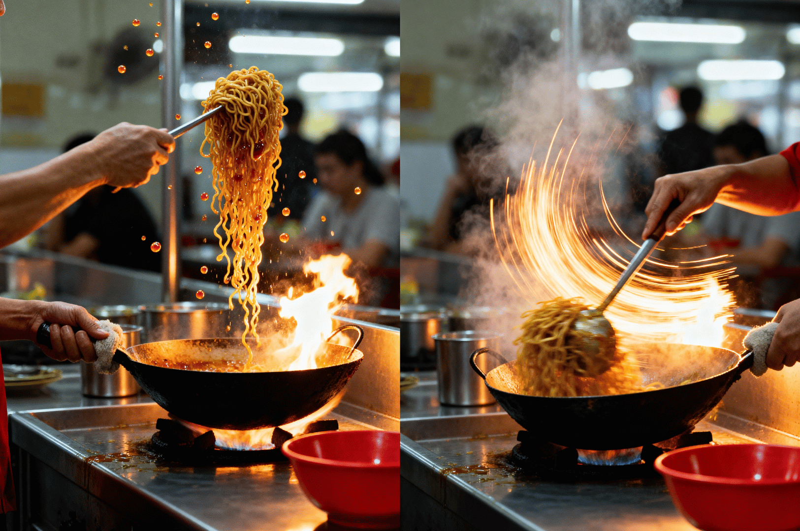 Hawker-Photo- (3) Split-frame of two hawker chefs mid-motion, each commanding a wok ablaze with fire and steam. On the left, noodles arc through the air as they’re lifted from the flame; on the right, a swirl of ladle and noodles creates a vortex of heat and motion. The dual composition captures the rhythm, intensity, and visual poetry of wok cooking in Singapore’s bustling hawker kitchens.