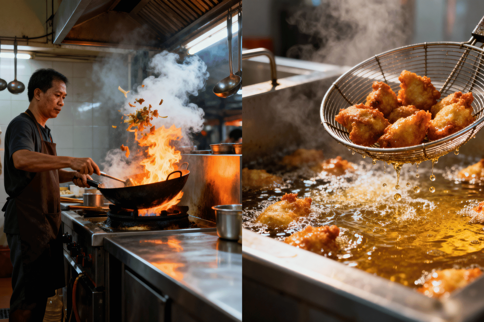 Hawker-Photo- (4) Side-by-side scenes of wok stir-frying and deep-frying in a Singapore hawker kitchen. On the left, flames leap around airborne ingredients as a chef vigorously tosses food in a wok; on the right, golden battered pieces are lifted from bubbling oil with a strainer, droplets glistening mid-air. The image contrasts fiery motion with crisp precision, showcasing the layered techniques and sensory drama of hawker cooking.