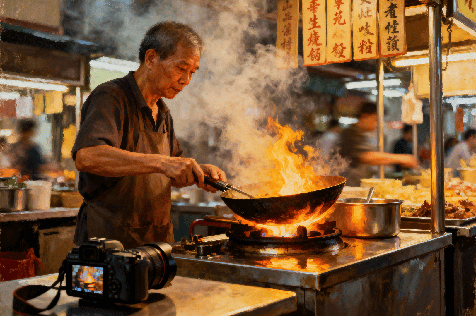 Hawker-Photo- (5) Street food vendor immersed in wok cooking at a Singapore hawker stall, flames and steam erupting around the pan as ingredients sizzle mid-air. Overhead signage with Chinese characters frames the scene, while a professional camera rests on the counter, hinting at documentation in progress. The image captures the theatrical heat, focus, and cultural pride embedded in hawker craft.