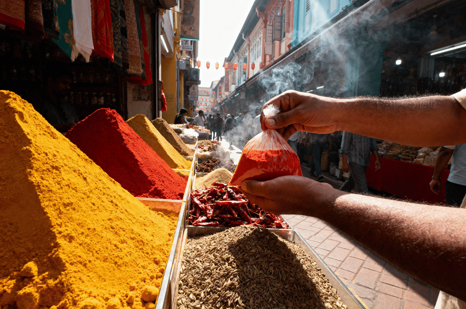 Little-India-Spice- (1) A bustling spice market in Little India, where vibrant mounds of turmeric, chili, and cumin spill from metal trays along a narrow street. In the foreground, a hand holds a small bag of fiery red chili powder, while aromatic smoke drifts upward, evoking the heat and fragrance of the spices. The scene captures the sensory seduction of the spice trail—color, scent, and movement converging in a vivid portrait of culinary tradition.