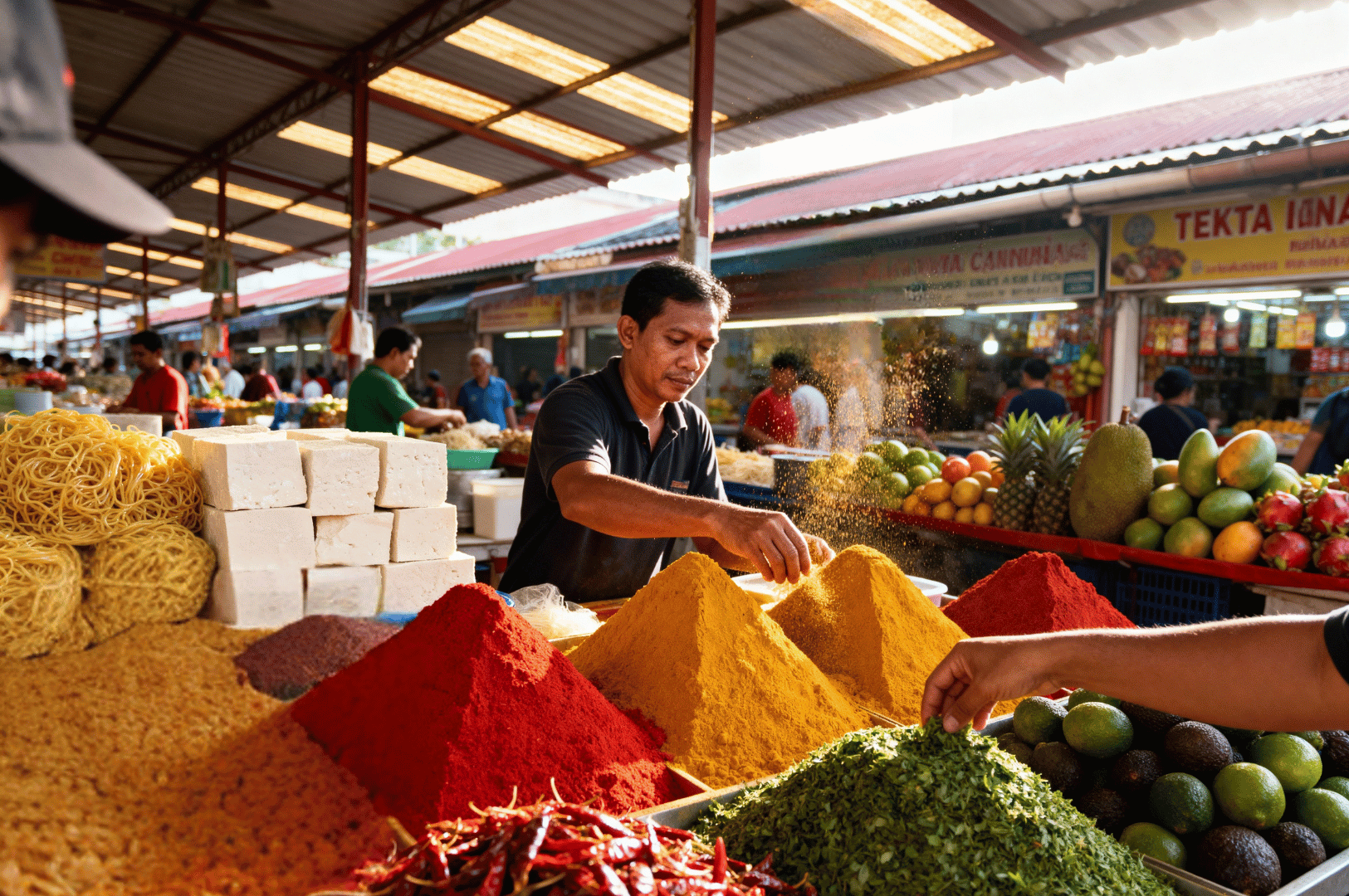 Little-India-Spice- (2) A vibrant Southeast Asian market scene alive with color and texture: a vendor scoops golden turmeric from a conical mound, surrounded by fiery red chilies, earthy brown spices, and fresh herbs. In the foreground, glossy green herbs and scarlet peppers contrast with stacks of white tofu and bundles of noodles, while pineapples, mangoes, and avocados spill across the background stalls. The bustling covered market hums with life, capturing the sensory abundance and cultural richness of the spice trail.