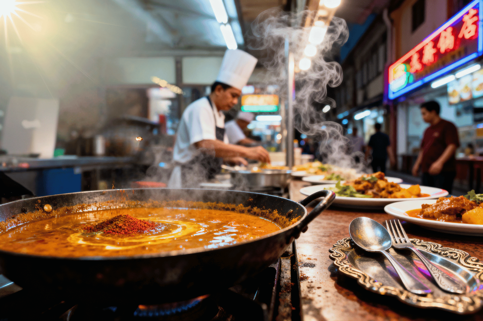 Little-India-Spice- (3) A bustling Asian street food stall where a chef in a tall white hat stirs a steaming pan of rich orange curry, its surface dusted with fiery red spices. Plates of rice and vegetables line the counter, while neon Chinese characters glow in the background, casting vibrant light over the scene. Rising steam and sizzling aromas evoke the sensory drama of freshly cooked food, capturing the heat, color, and energy of the spice trail in motion.