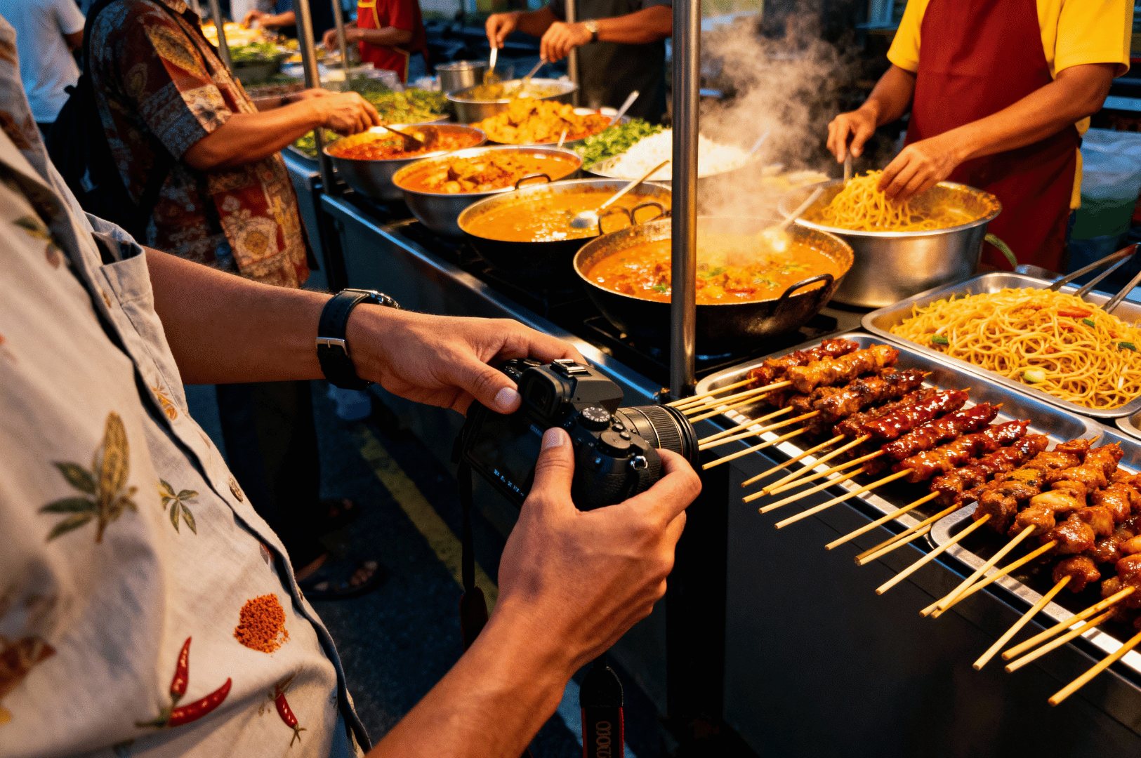 Little-India-Spice- (4) A lively street food market where vendors serve steaming pots of curry, skewered meats, and noodles, their hands moving quickly as hungry customers gather. In the foreground, a person raises a camera to capture the scene, framing the sizzling dishes and rising steam. The air is thick with spice and heat, the atmosphere buzzing with energy, flavor, and the irresistible pull of food in motion.