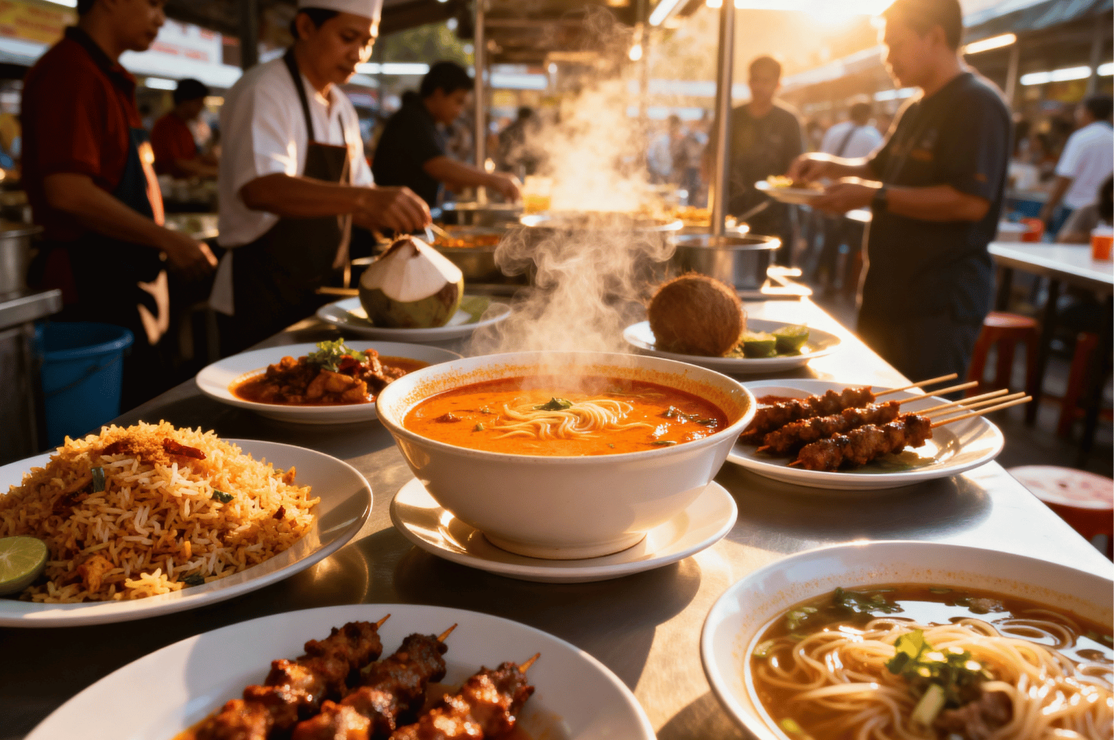 Little-India-Spice- (5) An outdoor food market at dusk, glowing with warm light as steam rises from a large bowl of noodle soup in the foreground. Skewered meats, rice dishes, and curries crowd the table, while vendors serve customers in a lively, communal atmosphere. The golden-hour glow and rising steam heighten the sense of warmth, flavor, and togetherness, capturing the inviting spirit of street food culture on the spice trail.
