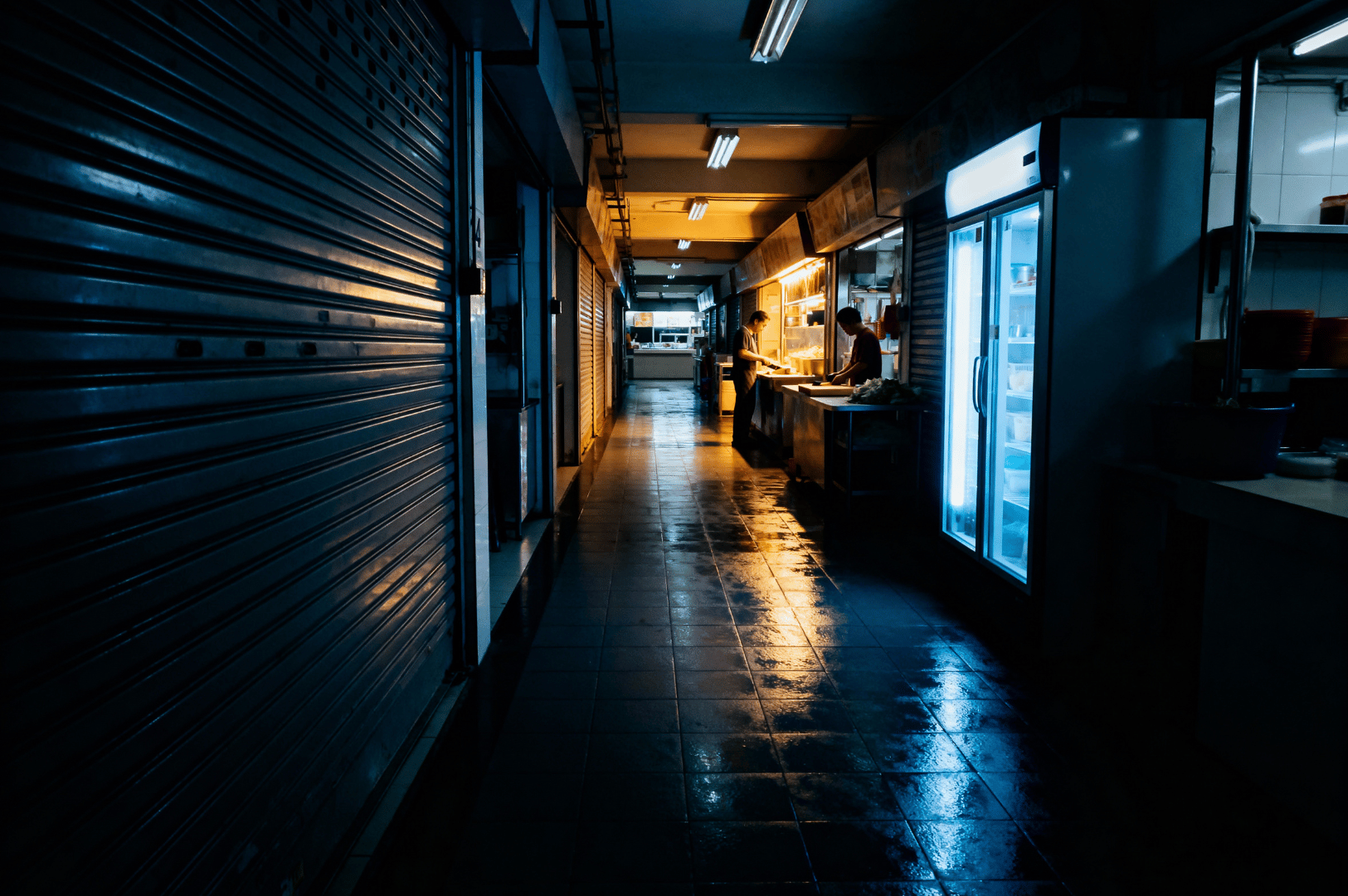 Pre-Dawn- (2) Dim, empty alley at night near Maxwell Food Centre, lights pooling on wet pavement before hawkers arrive for their predawn routines.