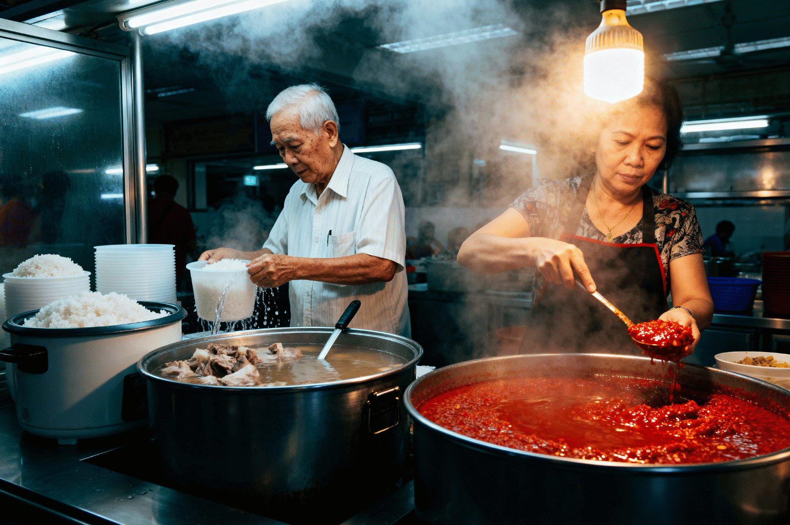 Pre-Dawn- (3) Two hawkers prepping ingredients at a stainless-steel counter before sunrise, steam rising as they start the day at Maxwell Food Centre.