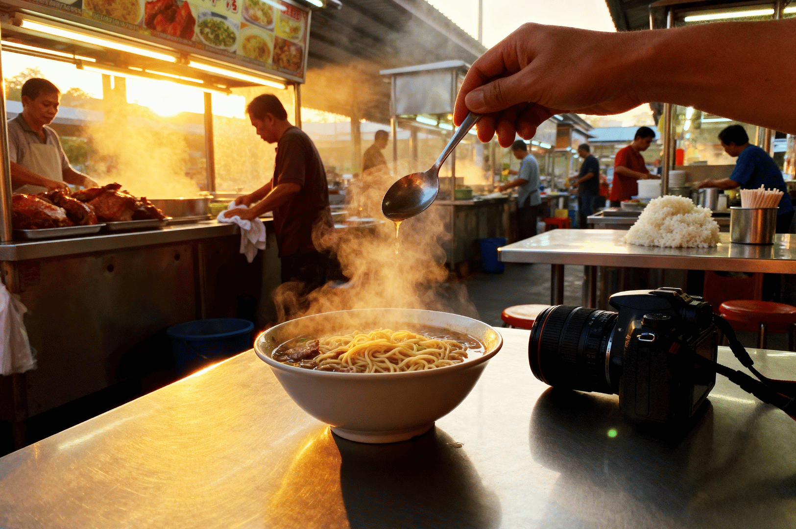 Pre-Dawn- (5) Close-up of hot noodle soup on a metal counter at dawn, with a hand holding a spoon and hawkers working in the background at Maxwell Food Centre.