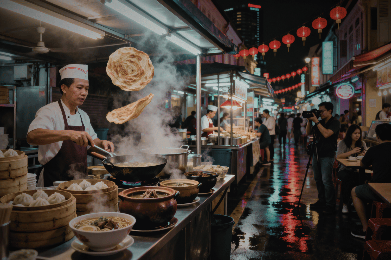 Singapore-Night-Food- (2) A street food chef in a white hat and maroon apron tosses flatbread mid-air over a steaming wok, surrounded by bamboo steamers and clay pots brimming with dumplings and traditional dishes. The night market pulses with energy—red lanterns glow overhead, and the wet pavement reflects the bustle of diners and passersby capturing the moment. This sensory-rich scene captures the heart of Singapore’s after-dark culinary tours, where heritage flavors and theatrical cooking converge in a vibrant celebration of food culture.