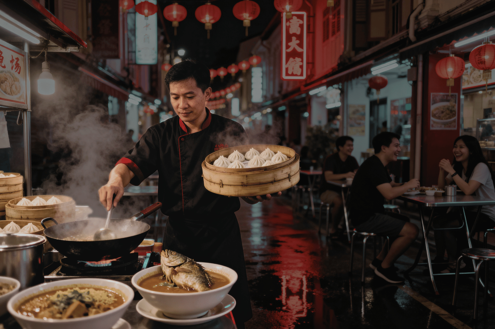 Singapore-Night-Food- (3) A chef in a black and red uniform stirs a steaming wok while holding a bamboo steamer filled with dumplings, surrounded by bowls of soup—including one with a whole fish. Red lanterns and neon signs glow above a rain-slicked street, where diners enjoy their meals under the vibrant hum of the night market. This evocative scene captures the theatrical rhythm and communal warmth of Singapore’s secret food tours, where tradition, spectacle, and flavor converge after dark.