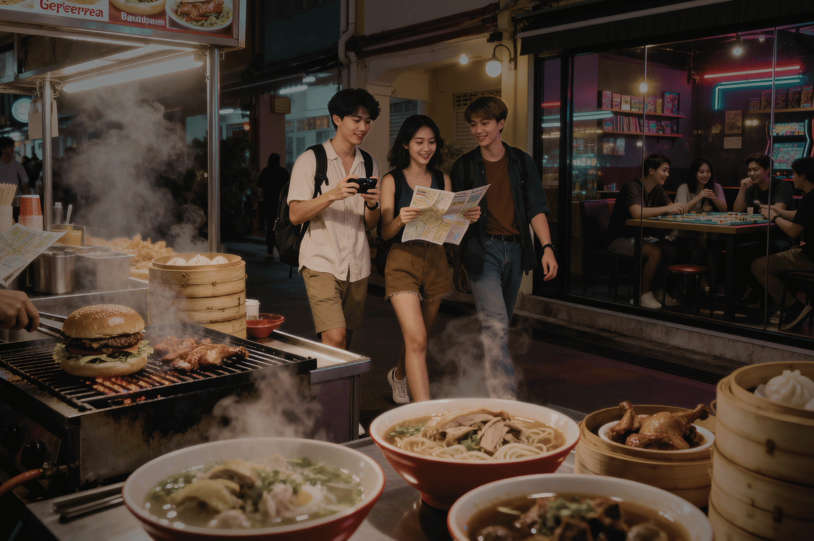 Singapore-Night-Food- (4) Steam rises from bowls of noodle soup, grilled burgers, and bamboo steamers filled with dumplings, as three young travelers stroll past a bustling night food stall—laughing, sipping drinks, and consulting a map. Behind them, a brightly lit restaurant hums with diners, while the wet pavement mirrors the glow of lanterns and signage. This lively snapshot captures the social pulse of Singapore’s nocturnal culinary scene, where discovery, flavor, and friendship converge under the city’s after-dark charm.