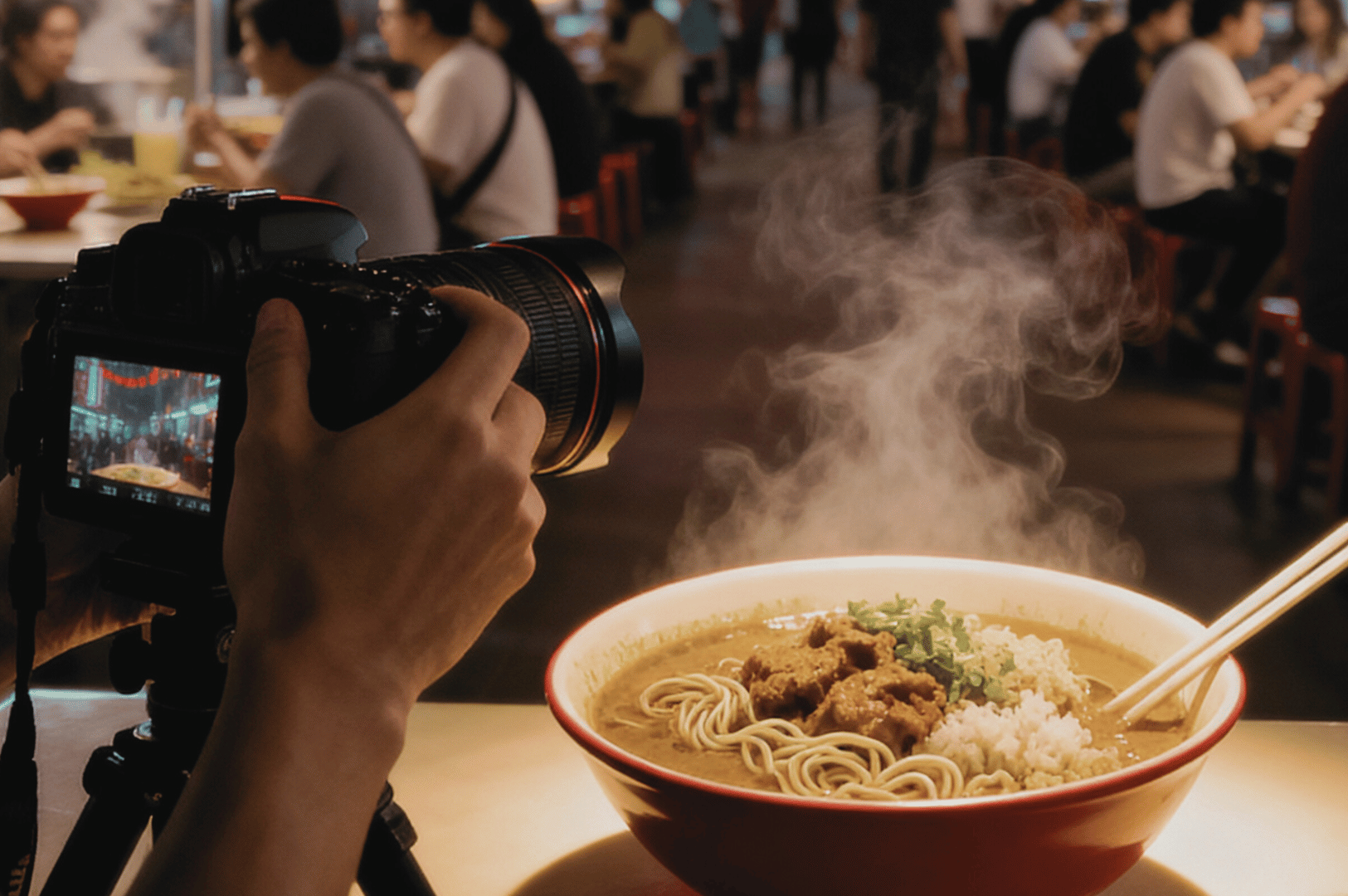 Singapore-Night-Food- (5) A steaming bowl of noodle soup—layered with rice, tender meat, and fresh herbs—is captured mid-shot by a photographer wielding a professional camera. Chopsticks rest in the bowl, poised for the first bite, while the blurred background reveals a lively restaurant filled with diners. The rising steam and rich textures evoke the warmth and immediacy of Singapore’s late-night culinary rituals, where every dish tells a story and every moment is worth savoring.