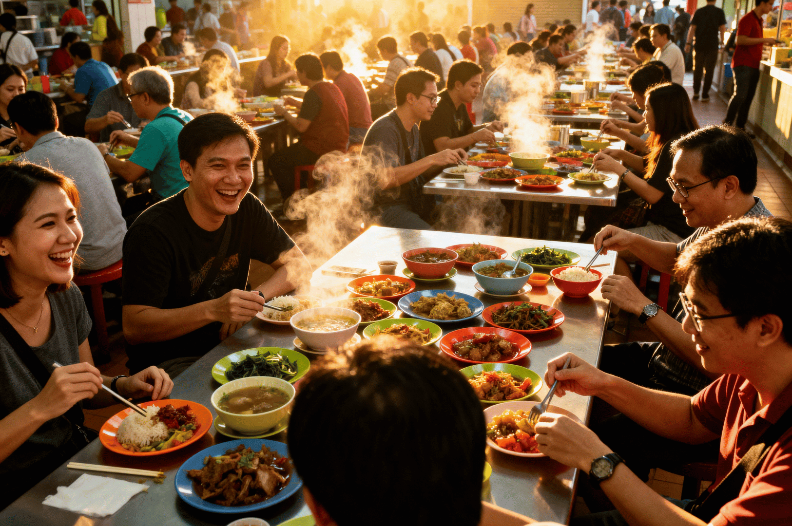 Steam-and-Shadows- (4) Sunlight pours into a bustling hawker center where diners gather around shared tables, steam rising from colorful plates of rice, soups, and stir-fried dishes. Laughter and conversation ripple through the crowd, weaving a tapestry of connection and culture. The scene captures the heart of Singapore’s hawker tradition—not just in the food, but in the joy of gathering, the rhythm of daily ritual, and the shared experience of flavor and fellowship.