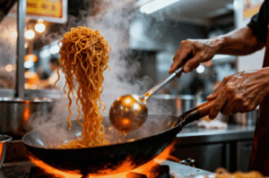 Close-up of a hawker chef stir-frying noodles in a wok over roaring flames at a Singapore street food stall. Steam billows upward as the chef lifts the noodles with a ladle, capturing the kinetic energy, heat, and craftsmanship of hawker cooking. The chef’s hands—one gripping the wok, the other guiding the ladle—embody the tactile intensity and rhythm of Singapore’s culinary heritage.