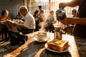Barista pouring hot coffee into a white cup at a bustling kopitiam, capturing the warmth and ritual of Singapore’s coffee culture