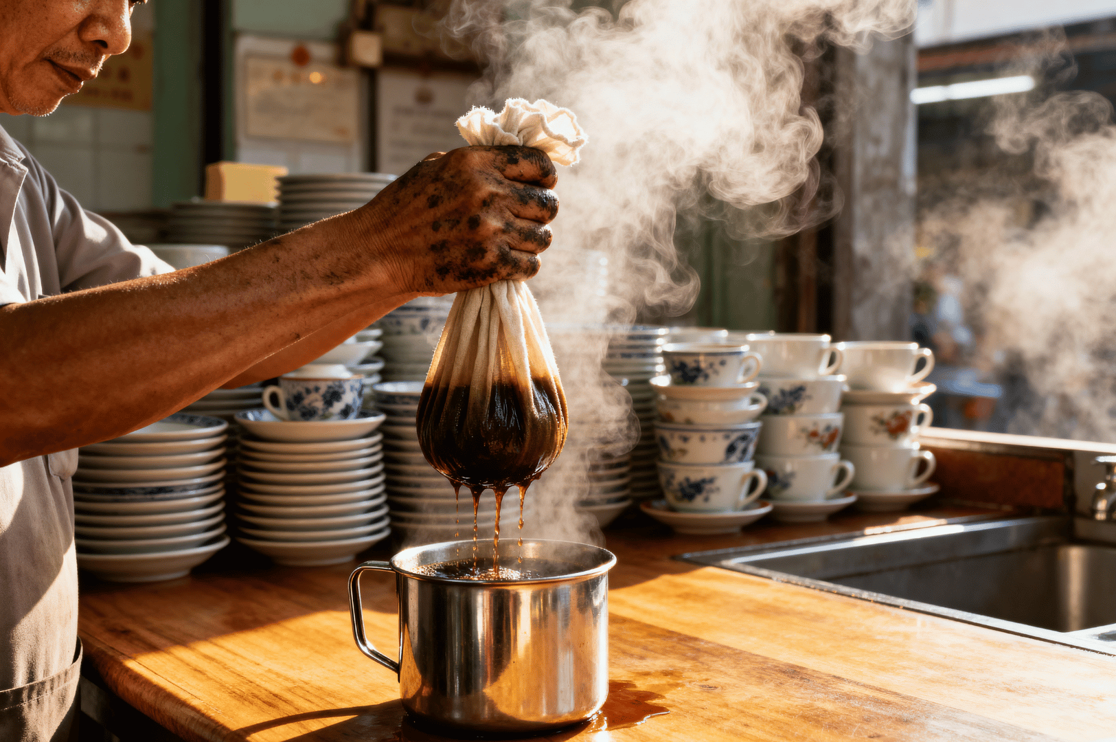 Koptiam- (2) An Asian man pours hot coffee into a traditional metal pot at a kopitiam-style table, evoking Singapore coffee culture.