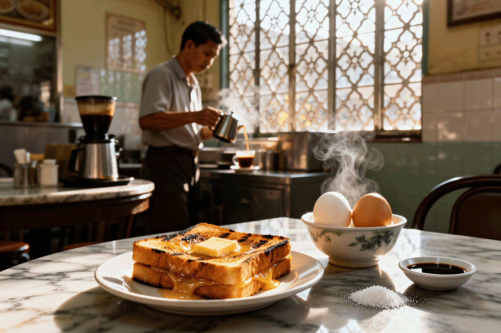 Koptiam- (3) An Asian man at a kopitiam-style table preparing kaya French toast beside a cup of kopi, evoking traditional Singapore coffee shop culture.