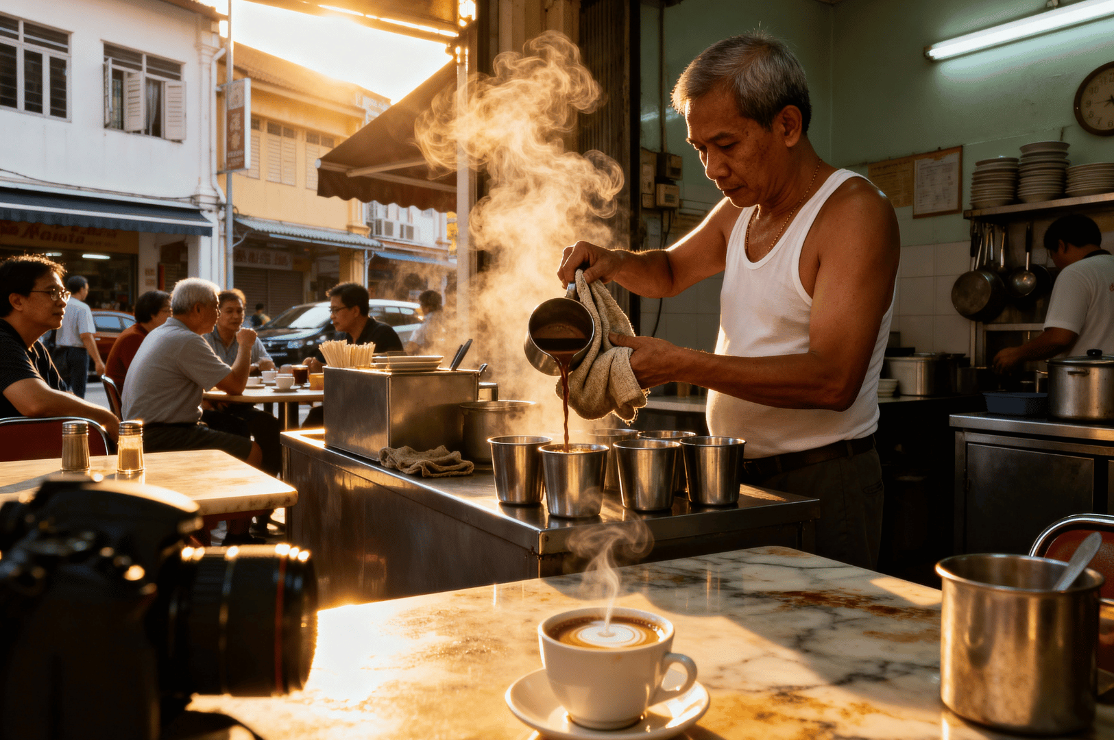 Koptiam- (4) Barista pouring hot kopi into a porcelain cup at a busy kopitiam, stainless kettles and saucers on the counter