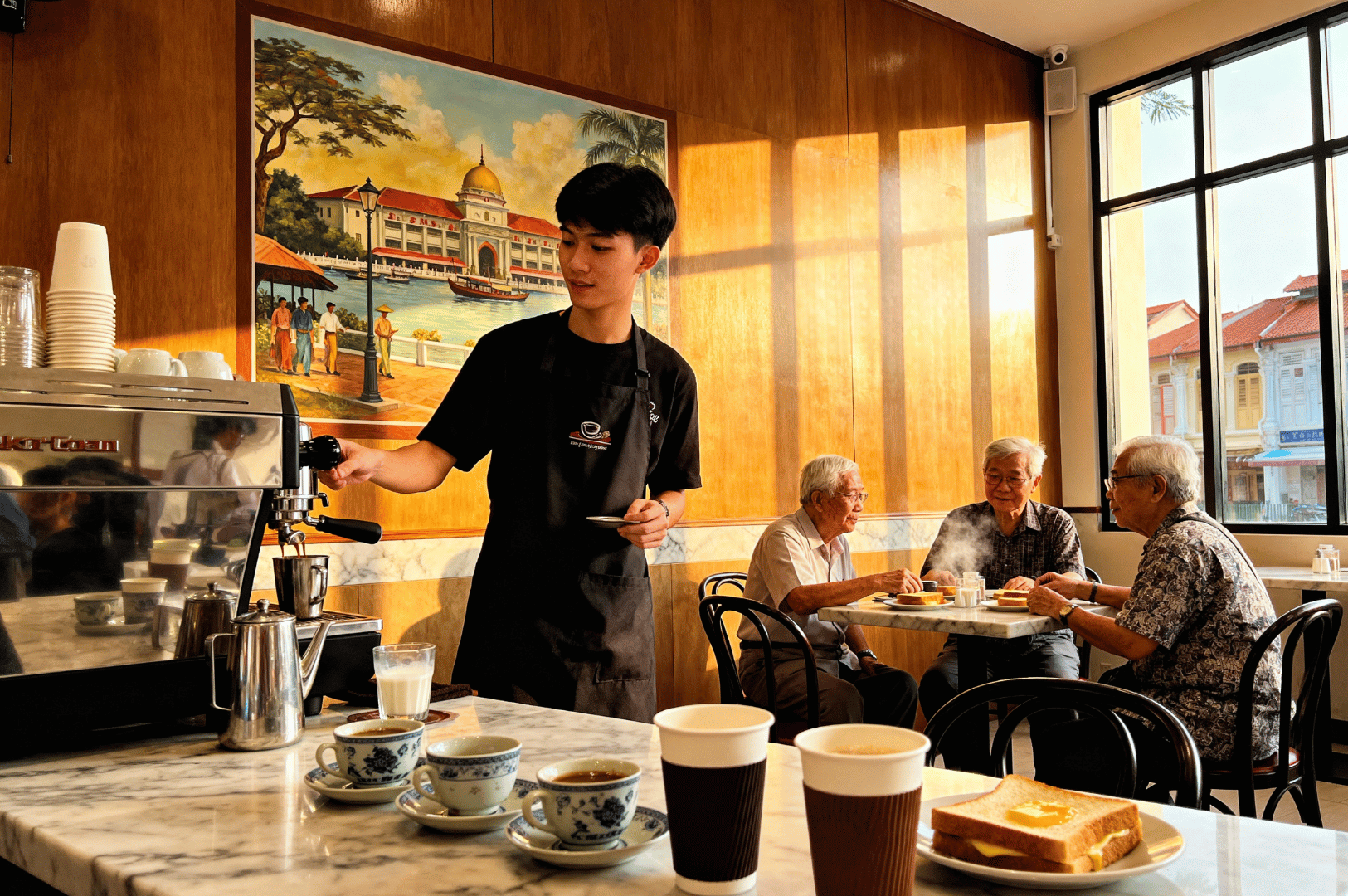 Koptiam- (5) Barista in a bustling kopitiam serving coffee to diners, with local decor on the walls, capturing Singapore’s traditional café culture