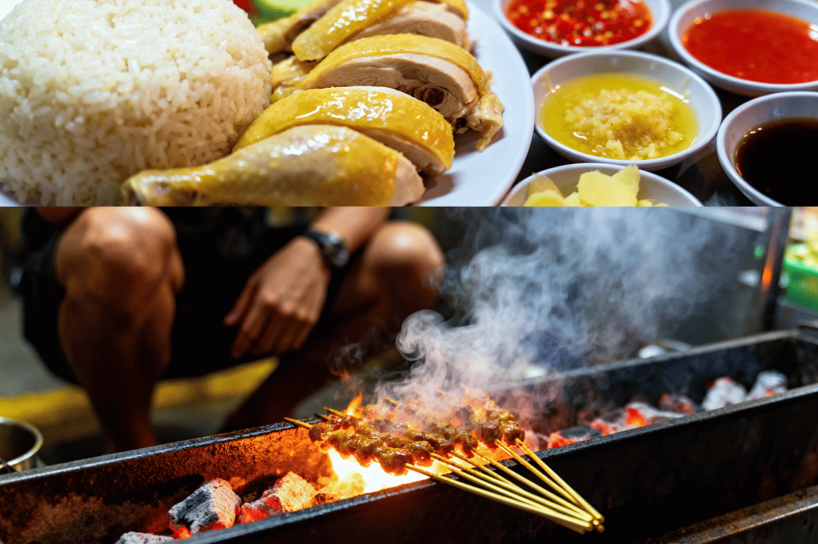 Macro-Photography- (4) Close-up of smoky chicken and vegetable skewers grilling over open flame, shot in dramatic macro style, Singapore street food vibe