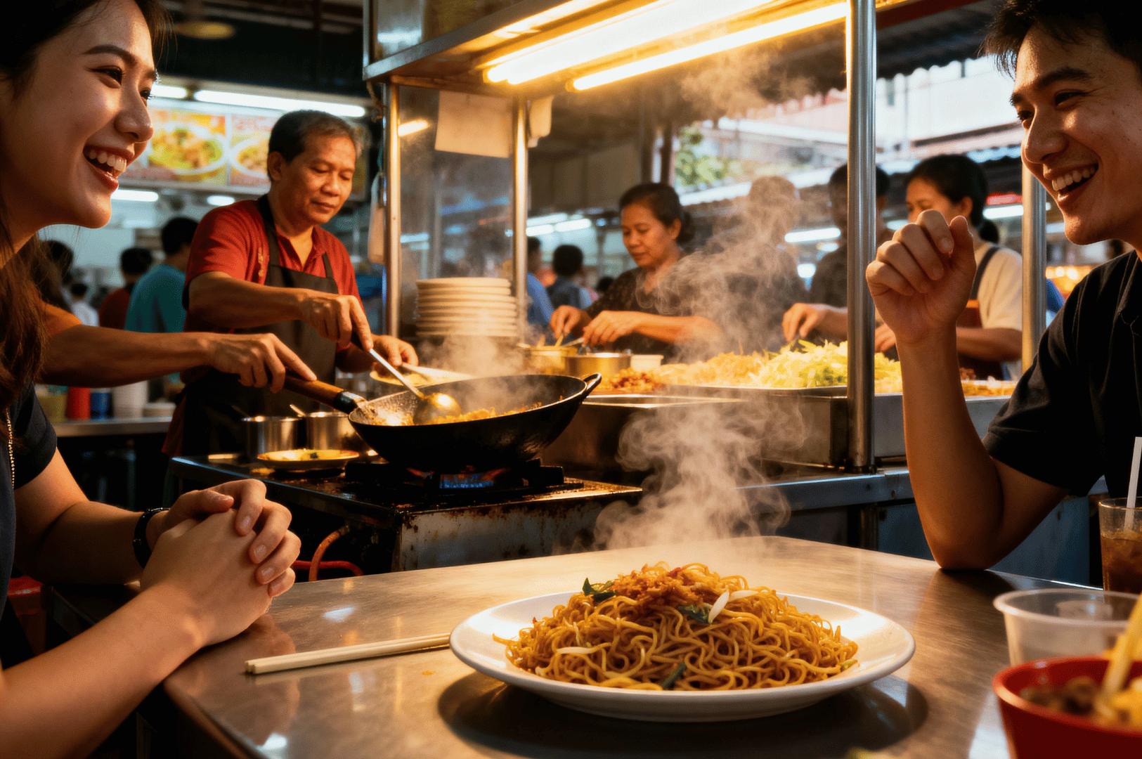 Macro-Photography- (5) Two people with noodles at a bustling Singapore street stall, shot in tight macro detail with rising steam, and chopsticks.