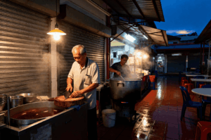 Pre-dawn hawker at Maxwell Food Centre searing food over a hot wok under warm lights, preparing for the 4AM crowd.
