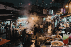 A vibrant Singapore night market scene glows under warm lights, where locals and tourists gather around steaming street food stalls and communal outdoor tables. Skewers of grilled meat and bowls of noodles dominate the foreground, while rising steam and reflections on the wet pavement evoke the sensory richness of after-dark dining. Towering buildings and neon signs frame the backdrop, hinting at the city's modern pulse behind its culinary traditions—an inviting glimpse into the secret tours and nocturnal flavors that define Singapore’s food culture.