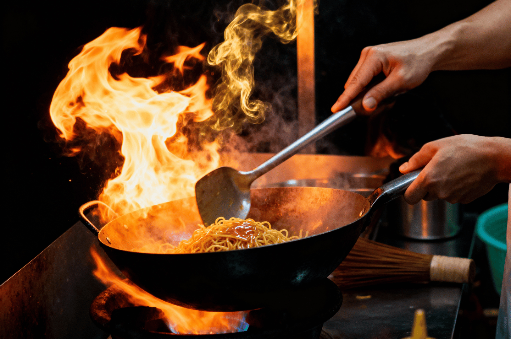 Wok-Hei- (1) Chef stir-fries Char Kway Teow in a blazing wok, flames erupting dramatically around caramelized noodles and glistening sauce—capturing the elusive wok hei, that smoky, forbidden pleasure at the heart of Singapore’s hawker soul. Shot in warm, high-contrast lighting with a shallow depth of field to emphasize motion and heat.