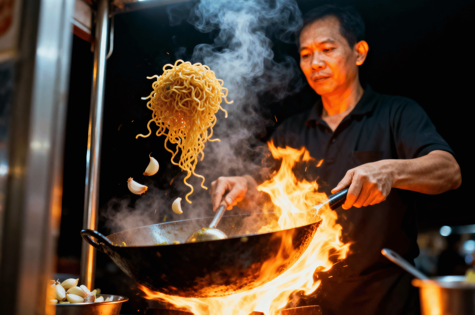 Wok-Hei- (2) Street food vendor mid-toss of Char Kway Teow, noodles and garlic suspended in steam and flame—an explosive moment of wok hei mastery. Shot in high-contrast lighting with airborne ingredients and kinetic blur, this frame channels the raw, forbidden thrill of hawker fire and culinary bravado.