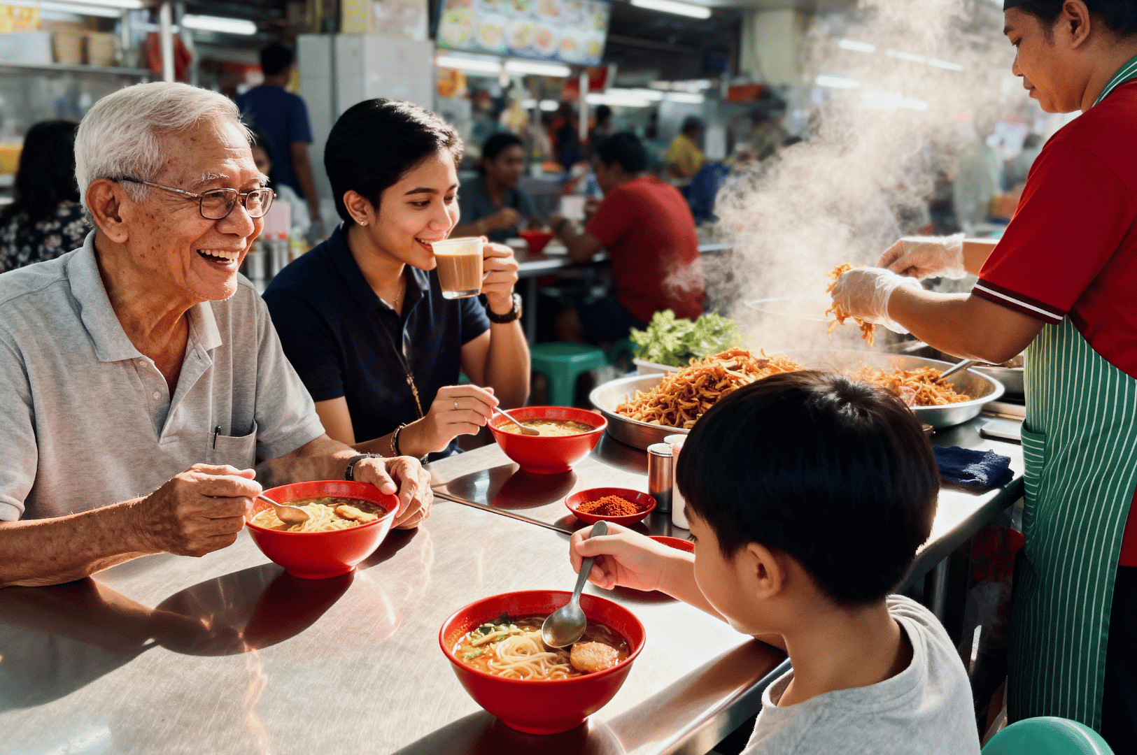 Wok-Hei- (3) Multi-generational diners savor noodle soup at a bustling hawker table, steam rising as laughter and tea flow—an intimate counterpoint to wok hei’s fire. Shot in soft, ambient lighting with warm skin tones and layered depth, this frame captures the communal joy and cultural heartbeat behind Char Kway Teow’s forbidden allure.