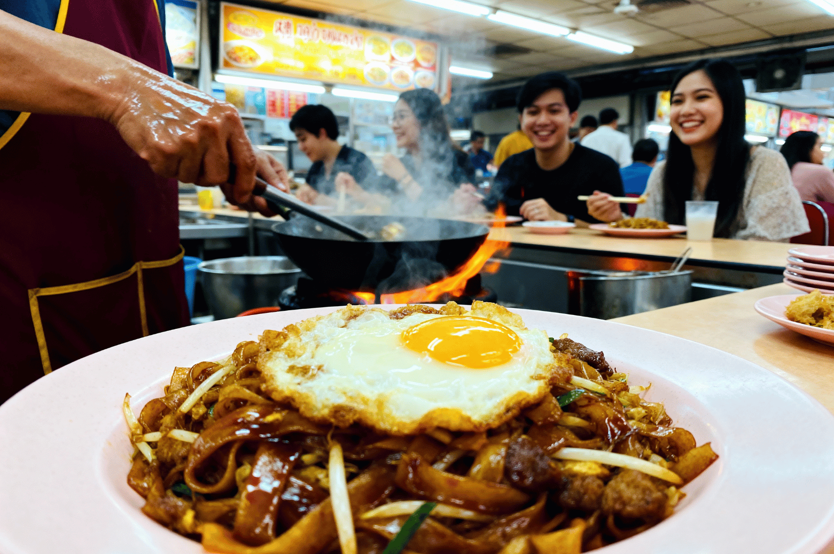 Wok-Hei- (4) Close-up of Char Kway Teow crowned with a sunny-side-up egg, glistening under food court lights as wok flames roar behind—an edible climax of heat, indulgence, and communal joy. Framed with vibrant signage and smiling diners, this image fuses street food bravado with everyday pleasure, sealing wok hei’s forbidden allure in one sizzling plate.