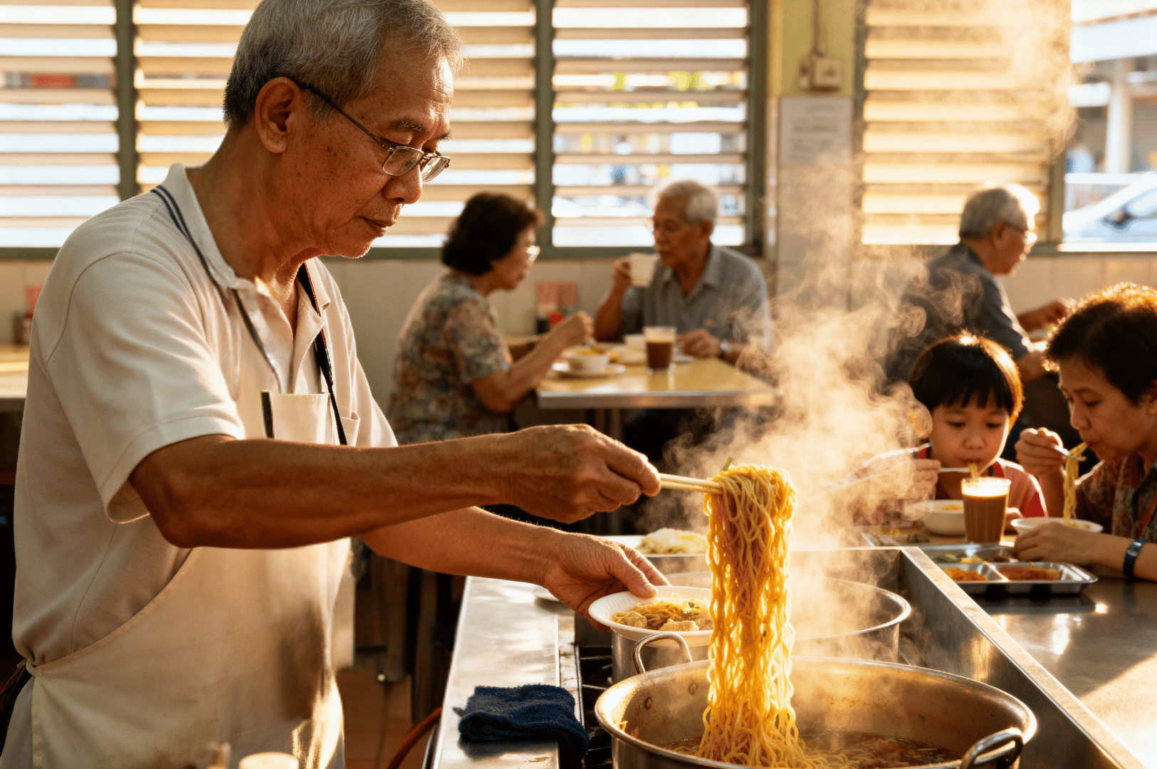 Wok-Hei- (5) Elderly cook lifts steaming noodles from a pot in a sunlit hawker center, surrounded by diners of all ages—an intimate portrait of culinary legacy and generational warmth. Framed in soft natural light with gentle steam and communal textures, this image evokes the quiet soul behind wok hei’s fiery spectacle.