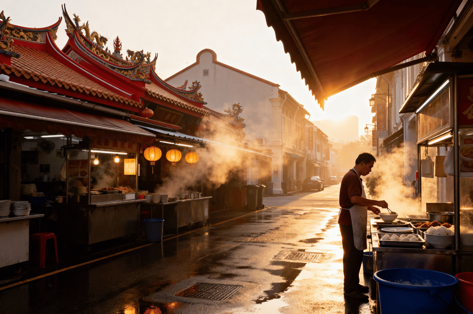 Street food vendor silhouetted in golden light at Singapore Chinatown, with steam rising from stalls and temple rooftops in the background — capturing the atmospheric charm of Chinese culinary heritage.