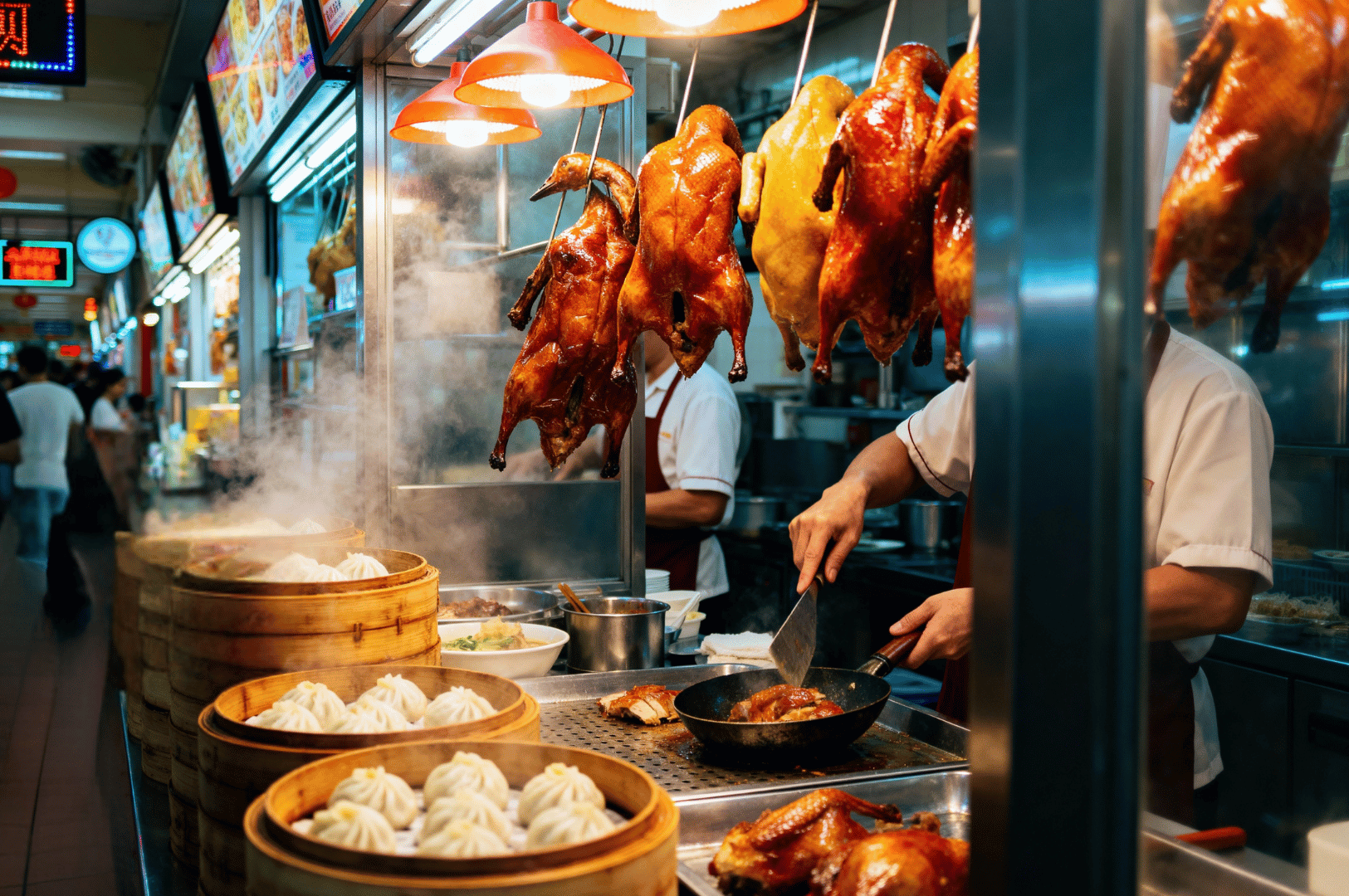 Roasted duck and dumpling stall in Singapore Chinatown, with golden ducks under red heat lamps and steam rising from bamboo steamers — showcasing Chinese culinary heritage in a vibrant street food setting.
