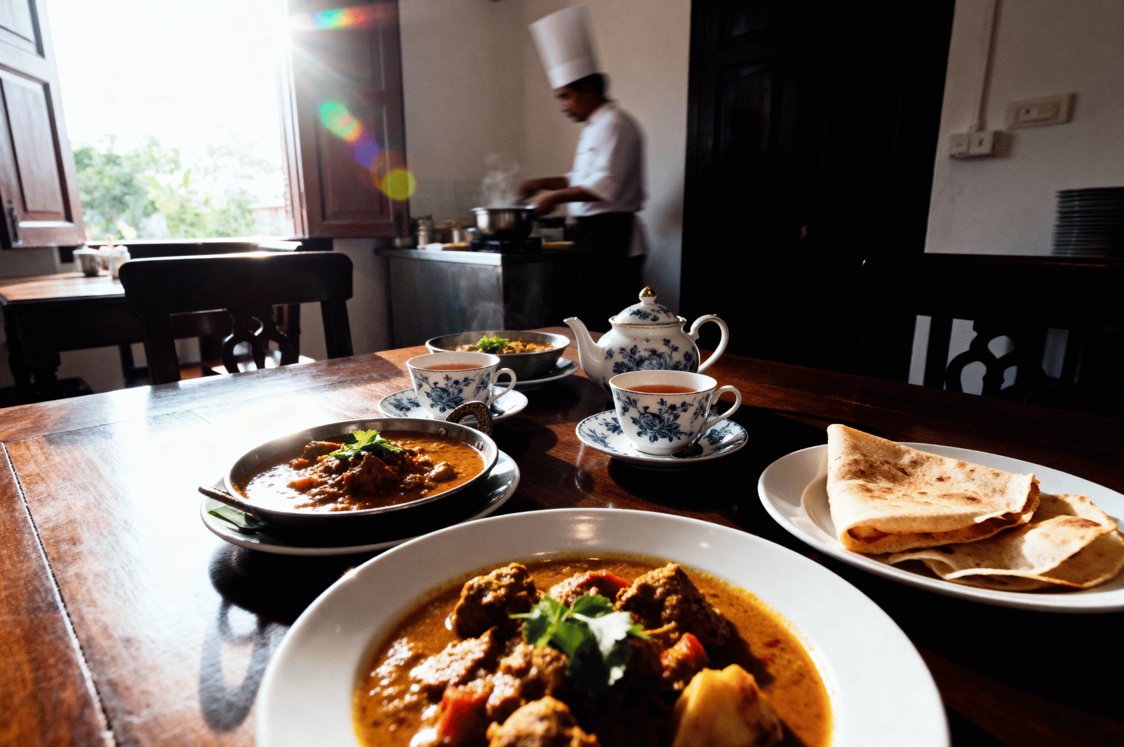 Warm morning light spills across a colonial-style kitchen where a chef in crisp whites prepares traditional Indian dishes, evoking the culinary legacies of British Singapore. In the foreground, a wooden table is elegantly set with chapati, richly spiced curries garnished with cilantro, and porcelain teacups beside a matching teapot—symbols of Anglo-Indian fusion. Steam rises from the stove in the background, blurring the line between domestic ritual and imperial nostalgia. The scene captures the sensory crossroads of spice routes and silk sheets, where food became a vessel for cultural exchange and colonial identity.