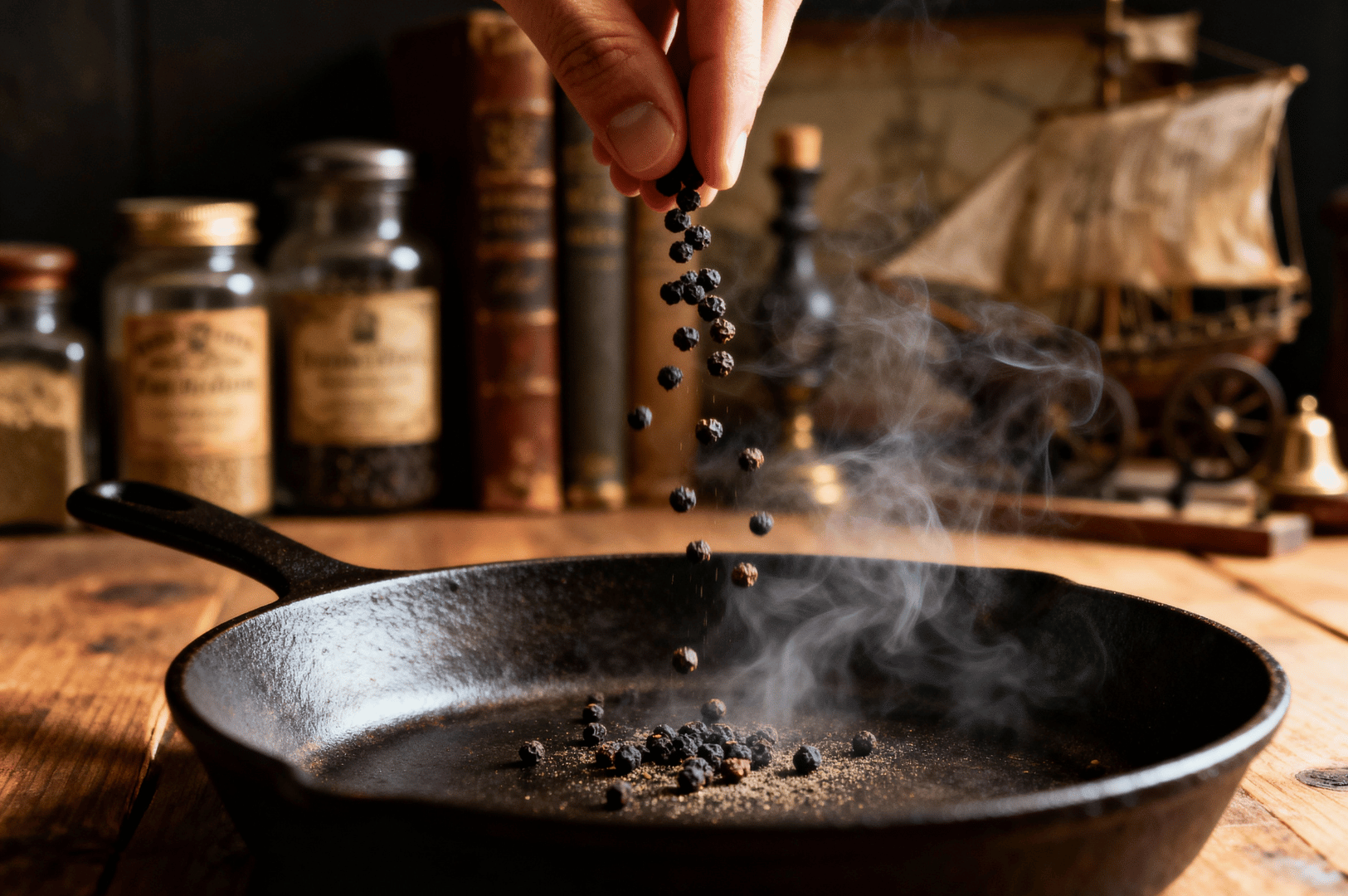 A hand sprinkles whole black peppercorns into a steaming cast iron skillet, the rising smoke curling like incense over a rustic tabletop adorned with vintage spice jars, weathered books, and a model sailing ship. The scene evokes the tactile drama of colonial kitchens in Singapore, where global trade routes converged in aromatic rituals. The peppercorns—once currency on the spice routes—anchor the image in historical tension between culinary craft and imperial commerce, while the antique decor whispers of silk sheets, maritime lore, and the layered legacies of colonial gastronomy.
