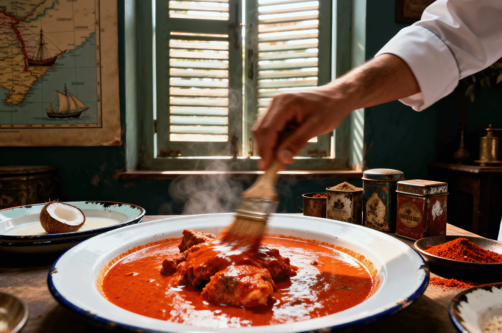 Steam rises as a chef brushes crimson marinade over sizzling meat in a white enamel dish rimmed in colonial blue, surrounded by vibrant spices—red powders, halved coconut, and earthen bowls. The rustic interior, lit by sunlight through wooden shutters and anchored by a faded map, evokes the spice-scented kitchens of British Singapore. This tactile moment of preparation bridges culinary ritual and imperial memory, where chili, coconut, and cartography converge in a sensory tableau of trade, taste, and territorial ambition.
