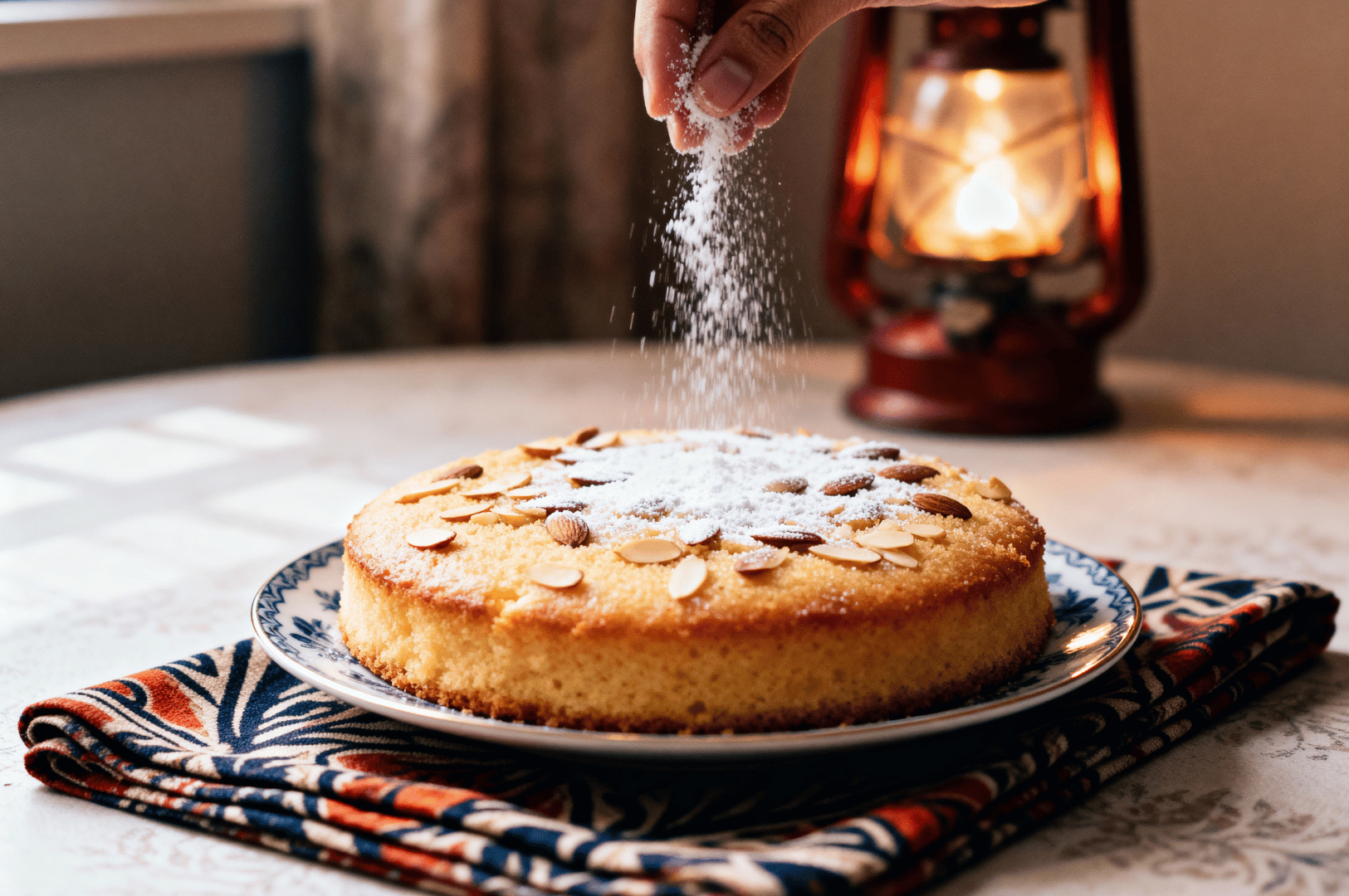 A hand gently dusts powdered sugar over a golden almond cake, its surface studded with sliced and whole almonds, resting on a blue-and-white porcelain plate atop a vibrant textile. A lantern glows softly in the background, casting evening warmth across the scene. This quiet moment of colonial dessert-making evokes the genteel rituals of British Singapore, where European confections absorbed Eastern ingredients. The interplay of light, texture, and ceremony reflects a culinary legacy shaped by trade winds, domestic grace, and the sweet aftertaste of empire.
