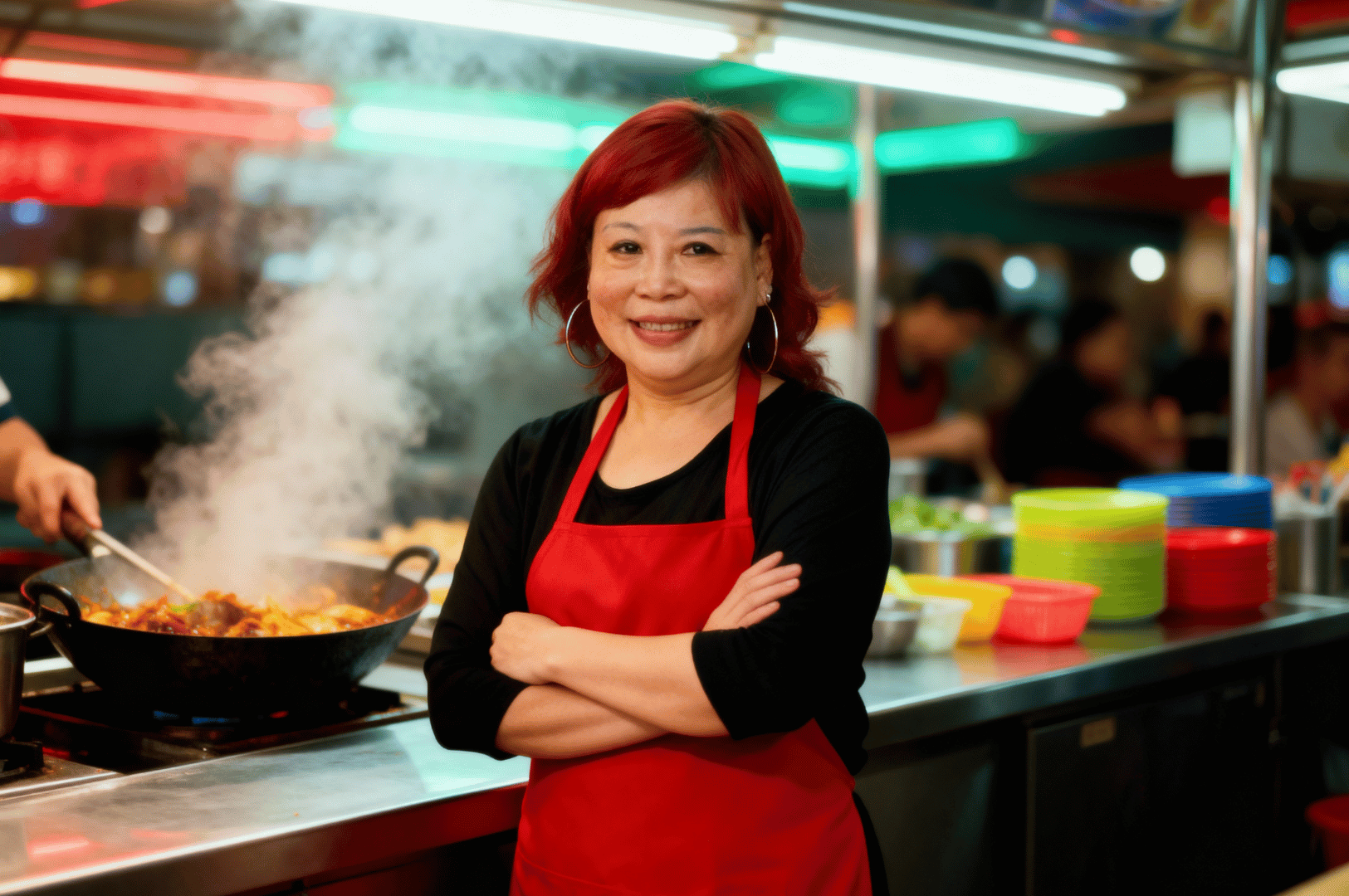 Laksa-Queen- (2) Smiling street-food cook in a red apron stands by a steaming wok at a lively Singapore hawker stall.