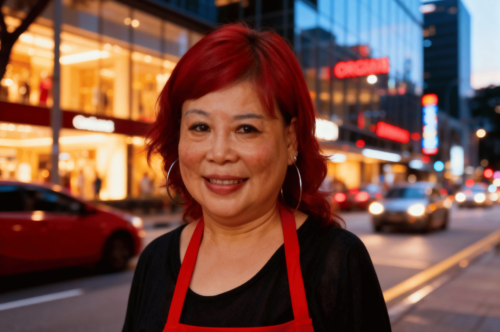 Laksa-Queen- (5) Smiling woman in a red apron on a busy Singapore street at dusk, cars and shopfronts glowing behind her