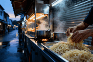 Hands preparing fresh noodles at a Singapore street stall as steam rises in the early morning.