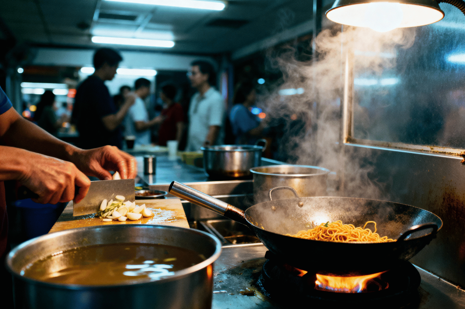 Morning- (2) Close-up of a hawker cooking noodles at a sizzling wok, steam rising, with early-morning diners blurred in the background in Singapore.