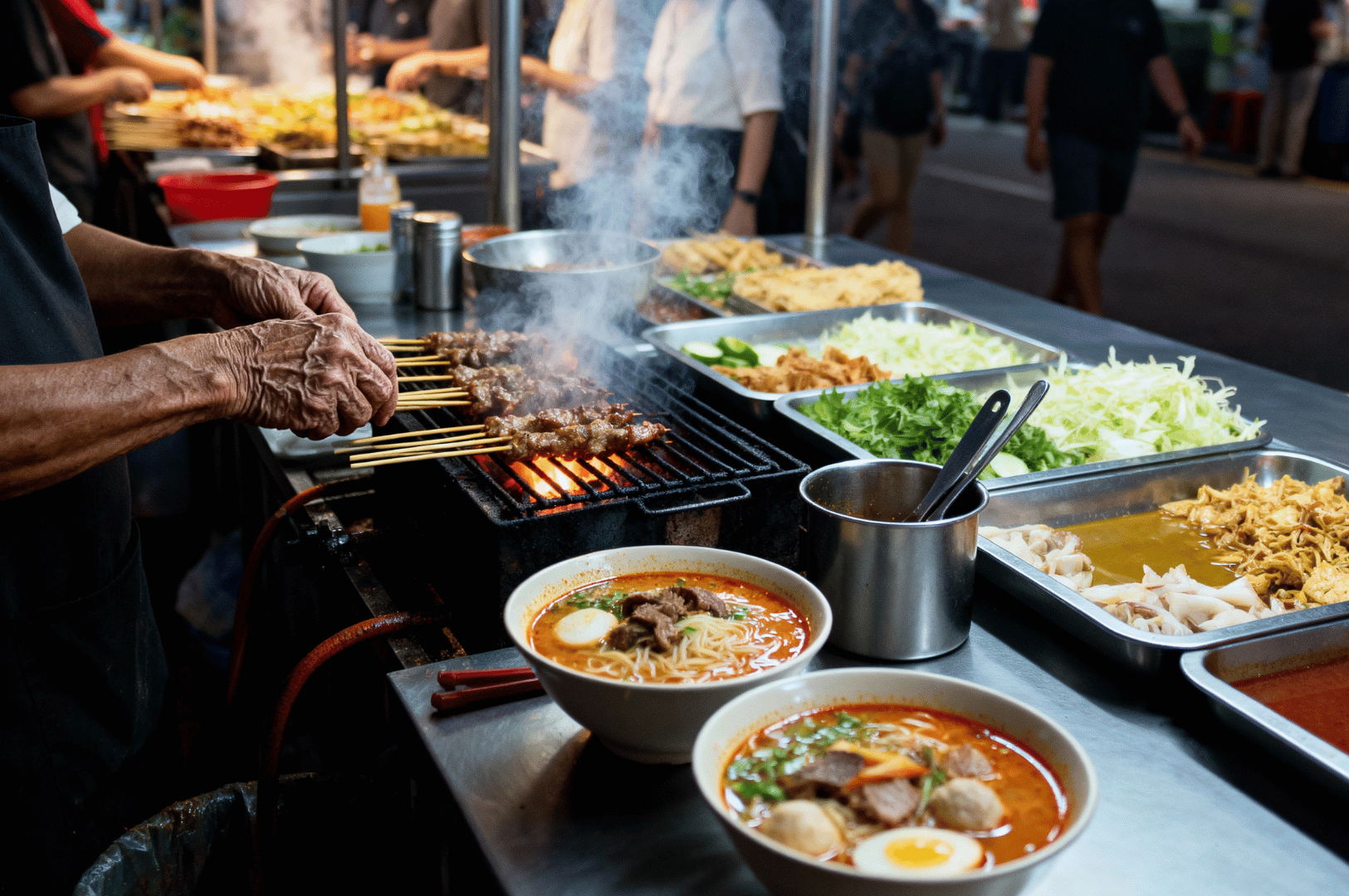 Morning- (5) A street food vendor grilling skewers at dawn in Singapore, with steaming bowls of noodle soup and trays of fresh toppings.
