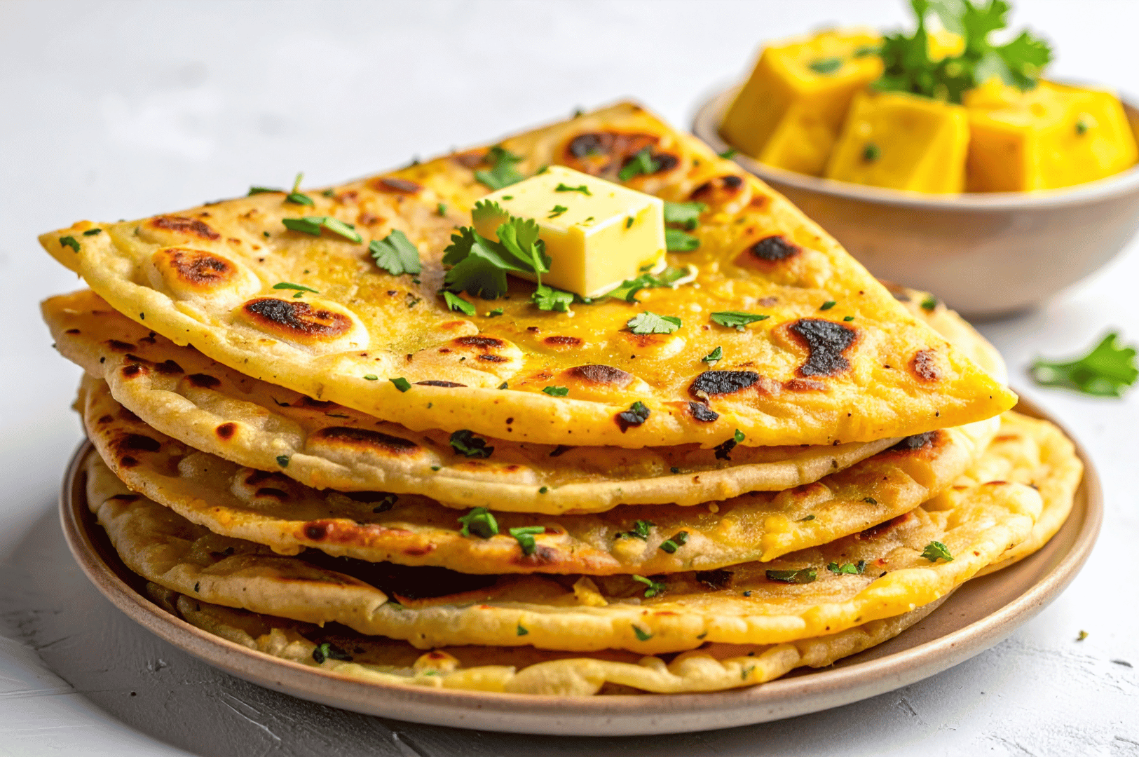 Golden-brown roti prata mid-flip, its dough arcing in a graceful stretch above a sizzling griddle, glistening with oil and anticipation—an ode to Singapore’s street food seduction.