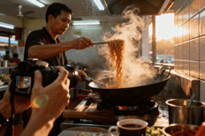 Singapore hawker chef stir-frying noodles in a steaming wok as golden sunlight filters through a bustling food stall—captured mid-action for Whispers Across the Wok, a visual ode to hawker culture.
