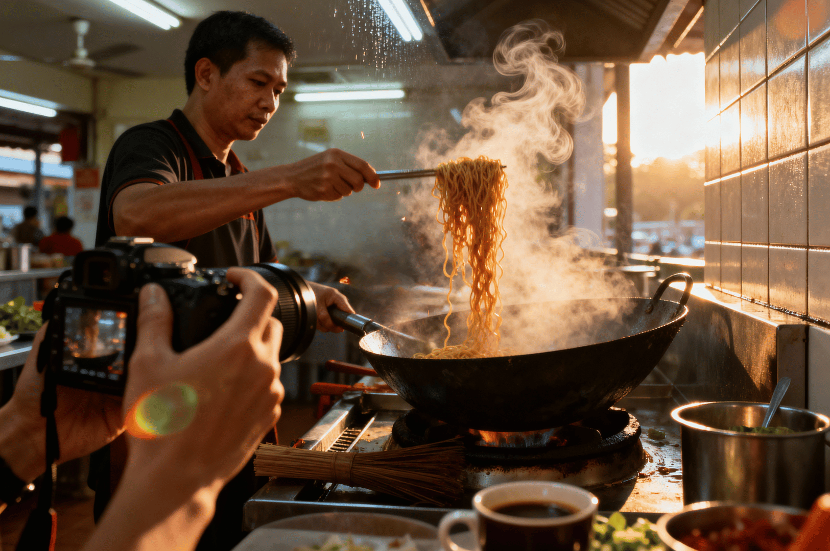 Singapore hawker chef stir-frying noodles in a steaming wok as golden sunlight filters through a bustling food stall—captured mid-action for Whispers Across the Wok, a visual ode to hawker culture.